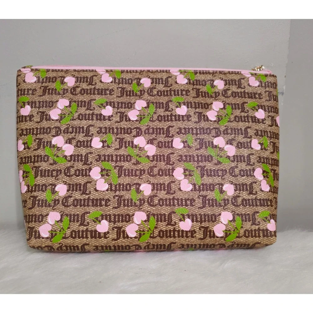 Juicy Couture Los Angeles Cosmetic Bag Makeup‎ Pouch Brown Cherry Print NWT